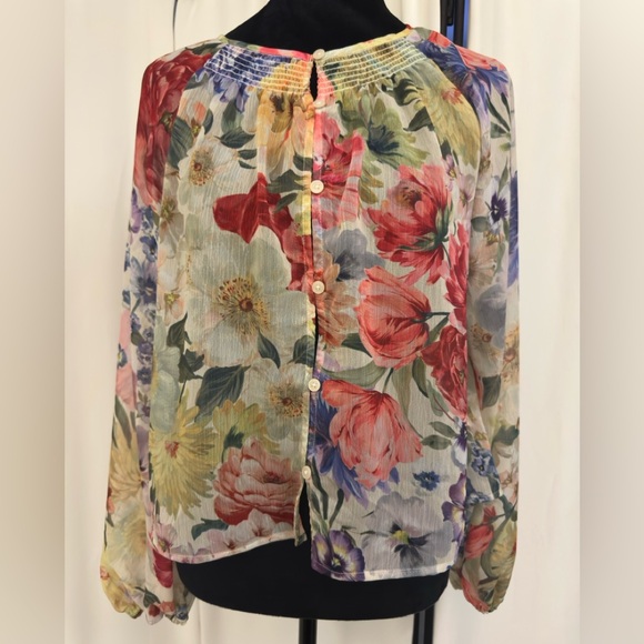 Express Floral Sheer Smocked Balloon Sleeve Button Up Shirt - Picture 3 of 9